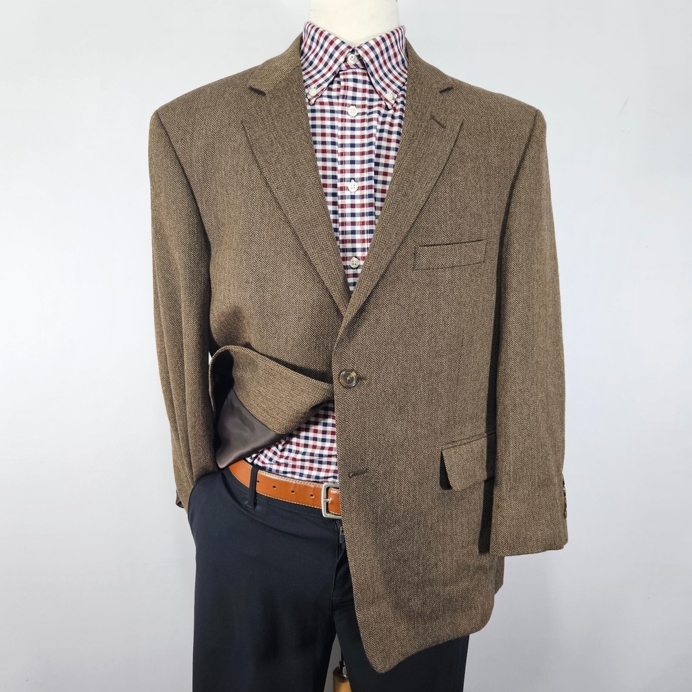 Stafford Essentials Mens Sport Coat Two Button Brn Herringbone Tweed Classic 44s
